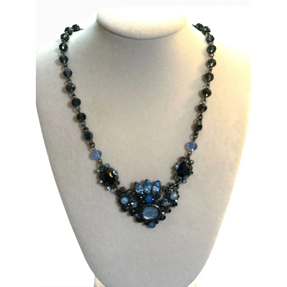 2028 Jewelry Blue Grey Crystal Floral Bib Necklace Gunmetal Tone Statement